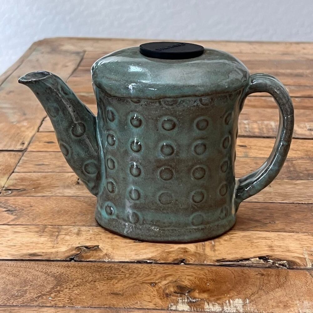 Studio Art Pottery Clay Teapot Embossed Green Glaze Finish